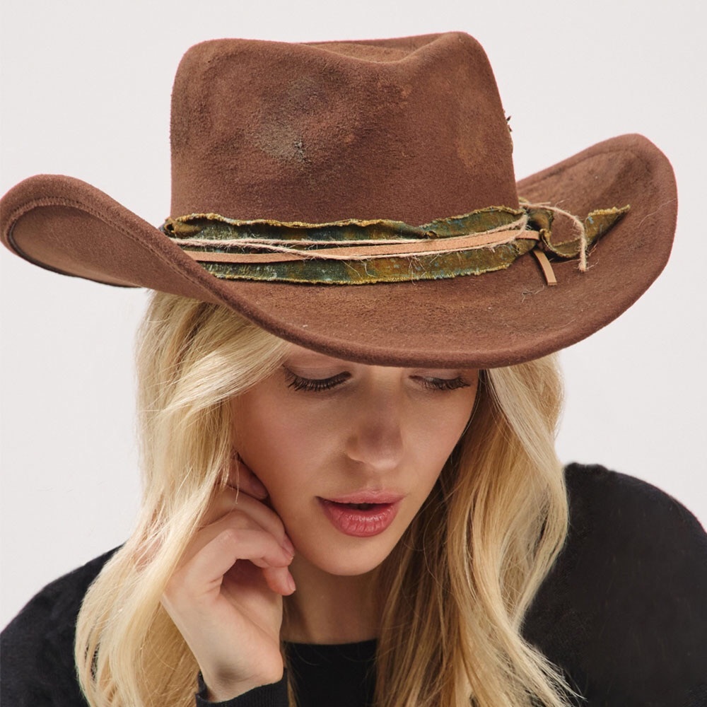 Brown Vintage Inspired Distressed Fabric Band Rustic Western Fedora Hat